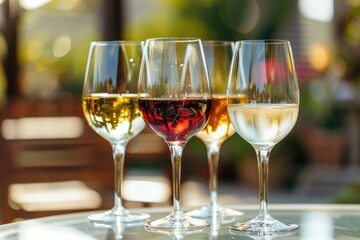 Fototapeta premium Craft Wine Tasting Set: Glasses of Wine on Glass Table with Outdoor Background