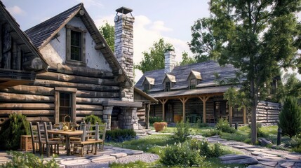 suburban farmhouse with a heritage log cabin design, featuring hand-hewn logs, a stone chimney, and traditional rustic furniture