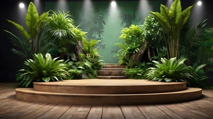 Background podium 3D green product nature jungle platform plant stand garden leaf scene studio. Podium display tropical background rock 3D presentation wood stage stone tree water pedestal cosmetic