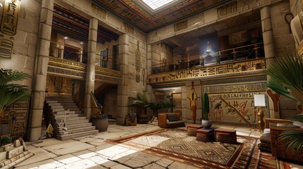 suburban farmhouse with a modern Egyptian theme, including hieroglyphic decor, sandstone textures, and a majestic design that echoes the grandeur of ancient Egypt