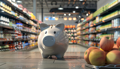 Obraz premium Small Business Growth 3D Render of a Financial Piggy Bank in a Local Grocery Store Funds for SME