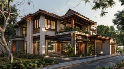 suburban farmhouse with a contemporary Indian bungalow theme, combining traditional Indian design elements with modern architecture and luxurious finishes