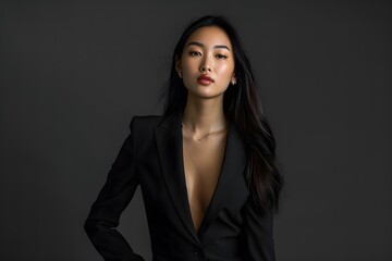 A professional studio shot of a woman modeling a sleek black blazer and pencil skirt, with minimalistic jewelry, perfect for a business setting
