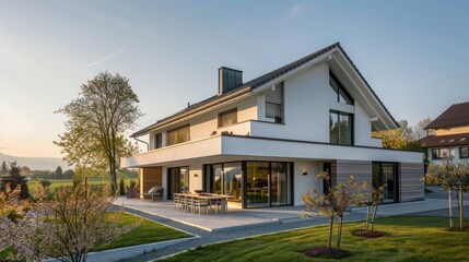 suburban farmhouse with a minimalist Swiss design, focusing on functionality, clean lines, and a neutral color palette that highlights the surrounding natural beauty
