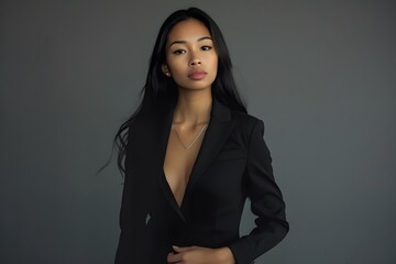 A professional studio shot of a woman modeling a sleek black blazer and pencil skirt, with minimalistic jewelry, perfect for a business setting