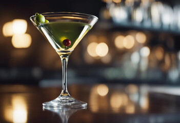 Classic martini in a sleek martini glass with an olive garnish in a high-end cocktail lounge