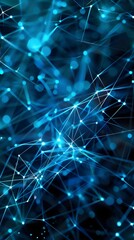 A complex network of interconnected blue lines and glowing nodes, creating an abstract digital web against a dark background.