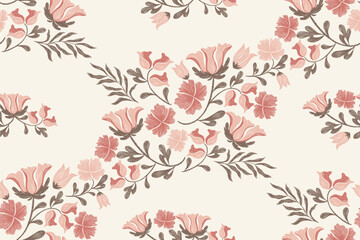 Floral pattern vintage wallpaper motif flower border. Pink flowers trailing seamless design embroidery Ikat textured hand drawn vector illustration.  © Wita Pixs