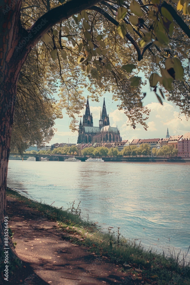 Aufkleber a serene scene of a river with a church visible in the distance, perfect for use in travel or archit
