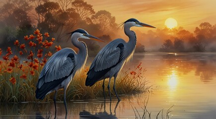 Naklejka premium Majestic blue heron pair standing in a tranquil lake at sunset, serene wetland landscape with golden hour lighting, peaceful nature scene