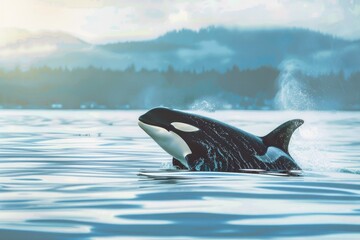 Fototapeta premium A large black and white whale swimming in the ocean, with some waves and sea spray around it