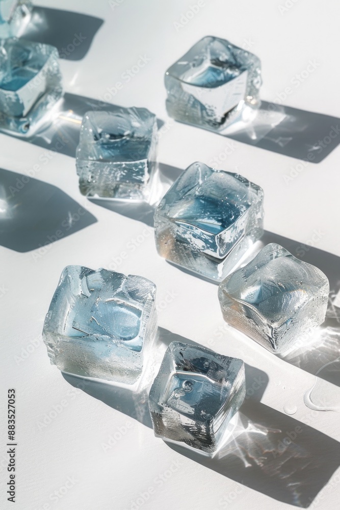 Poster a group of ice cubes sitting on a flat surface, ready to melt or be used in a drink