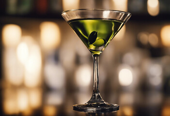 Classic martini in a sleek martini glass with an olive garnish in a high-end cocktail lounge