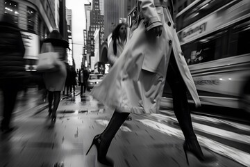 An elegant black and white photo of a woman wearing a classic trench coat and high heels, walking down a busy city street with a confident stride
