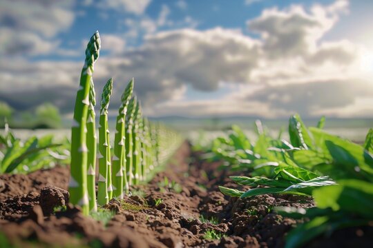 Fresh asparagus shoots growing in warm sunlight