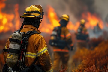 Fototapeta premium Bombeiros combatem incêndio florestal em uma batalha contra as chamas