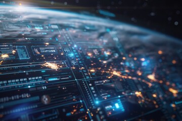 Futuristic digital interface with glowing data streams and holographic displays in blue and orange hues.