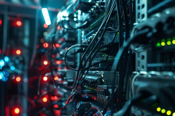 Close-up of server racks with wires, cables, and blinking lights in a data center, creating a futuristic tech atmosphere.