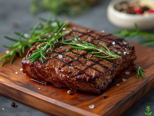 Churrasco suculento com pedaço de bife assado com alecrim, servido na tábua de madeira