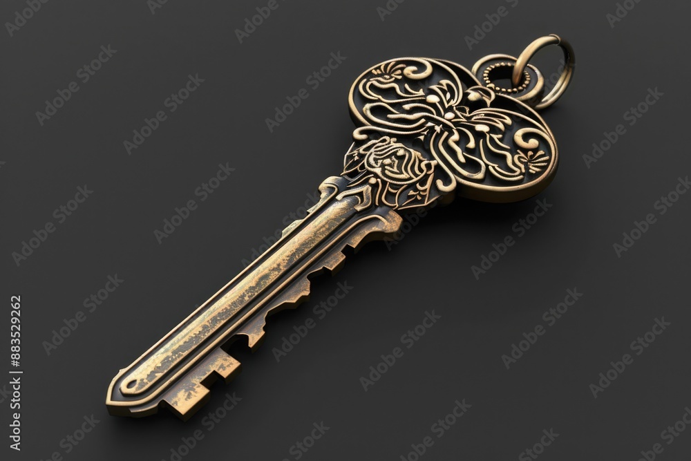 Aufkleber a golden key with intricate design on a dark, matte background