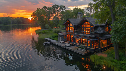 Real estate focusing a Waterfront Property featuring a luxurious home with direct access to a lake or river including a private dock and scenic views