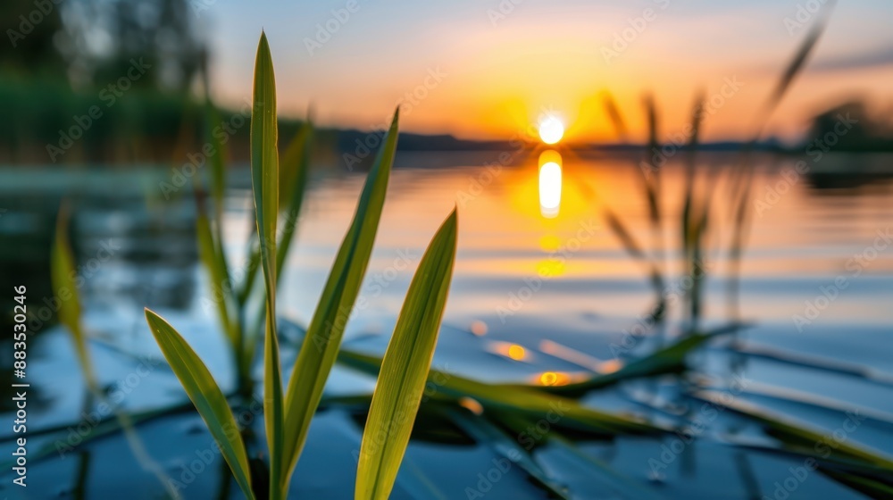 Poster a close-up view of blades of grass emerging from the water with a serene sunset in the background, c