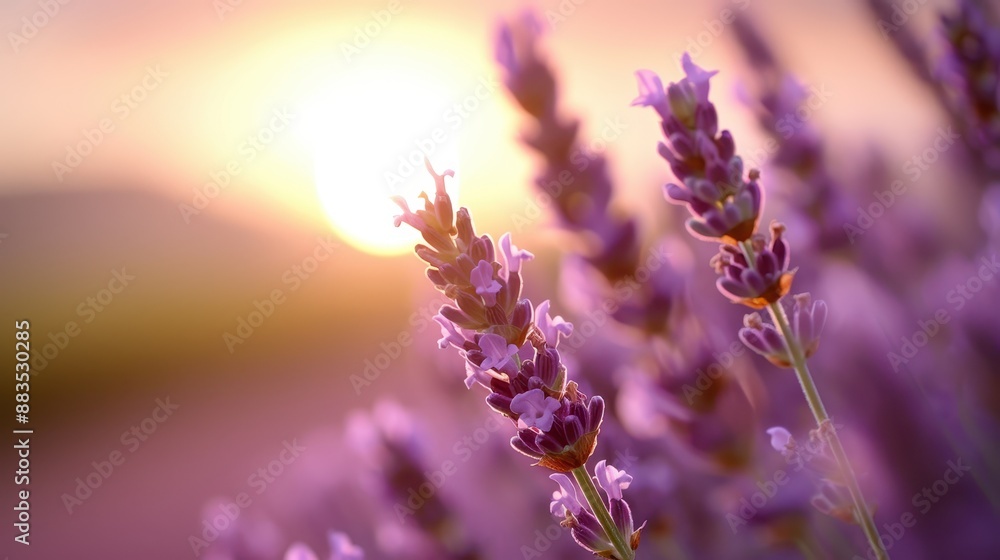 Poster a captivating view of a lavender field in full bloom with the setting sun creating a golden glow, hi