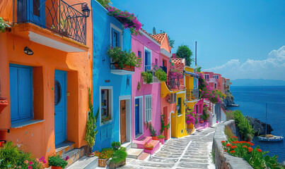 mediterranean style village on the sea in summer, marine tourism in europe, beautiful sky with sun clouds