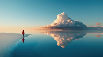 A solitary person walks on a vast reflective water surface, creating a mirror effect, with a striking cloud formation ahead, blending nature and solitude, highlighted by a serene ambiance.