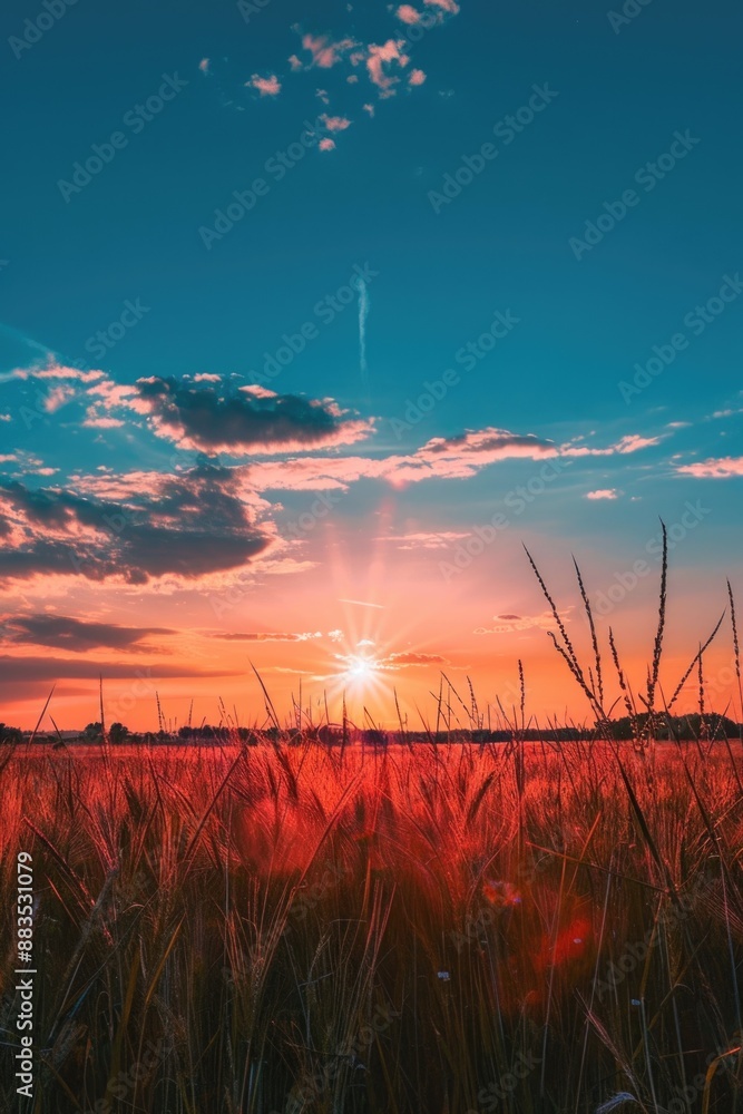 Aufkleber a serene scene of the sun setting over a field of tall grass, ideal for use in peaceful or nature-in