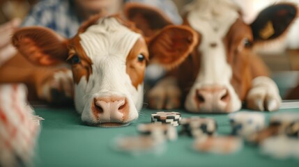 Close-up of two cows lying down on a poker table surrounded by poker chips, creating a surreal and humorous juxtaposition of farm life and gambling.
