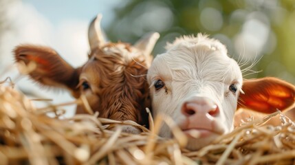 A heartwarming image of two young calves lying together in a pile of hay, looking content and peaceful, surrounded by the soft, warm light of a sunny day.