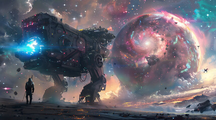Obraz premium A high-tech mechanic in a neon suit repairing a massive space mech against the backdrop of a swirling galaxy and distant stars 