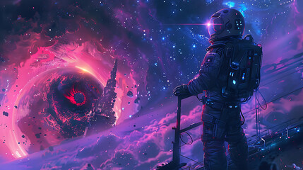 Obraz premium A high-tech mechanic in a neon suit repairing a massive space mech against the backdrop of a swirling galaxy and distant stars 