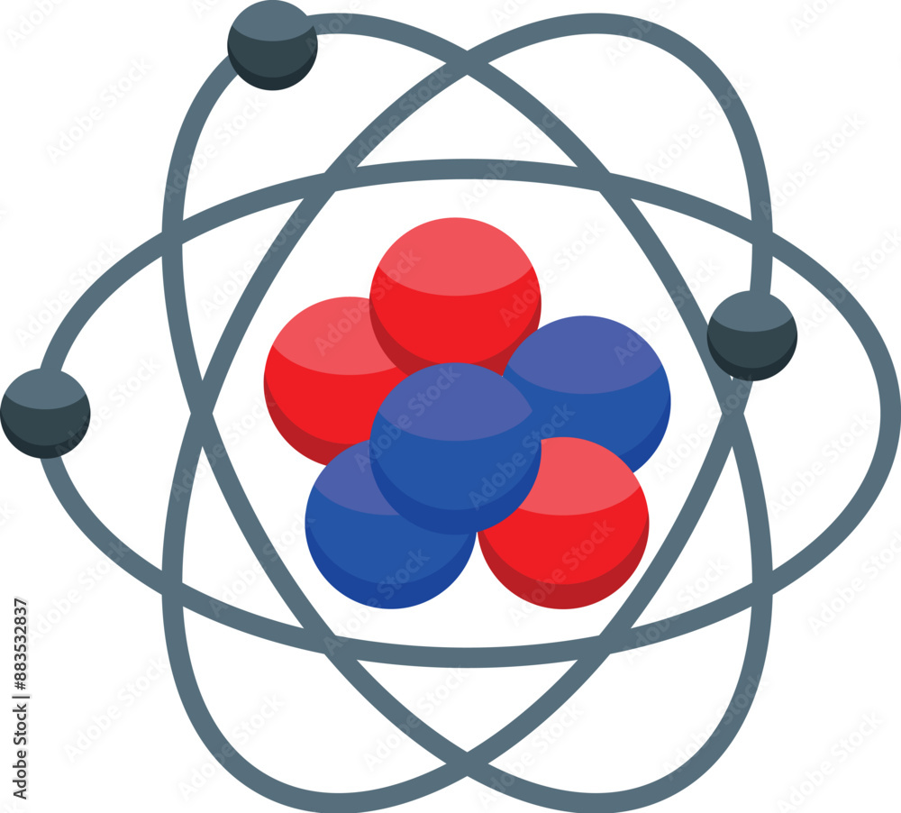 Poster atom model showing protons and neutrons forming nucleus with electrons orbiting around
