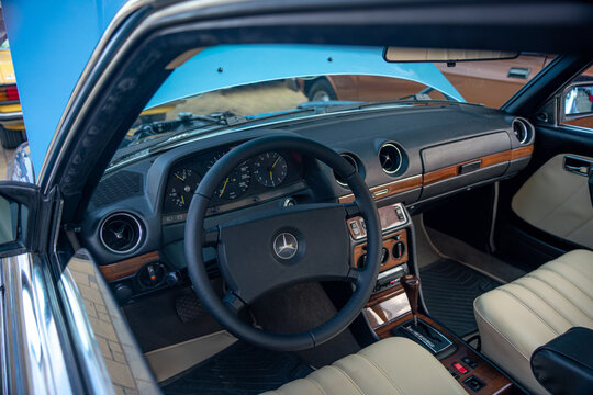 Interior of Mercedes-Benz C123 (w123 coupe) 230CE (benzin (petrol), injector 2.3l 1980-1985) - dashboard, steering wheel. Subotica, Serbia, 08.06.2024