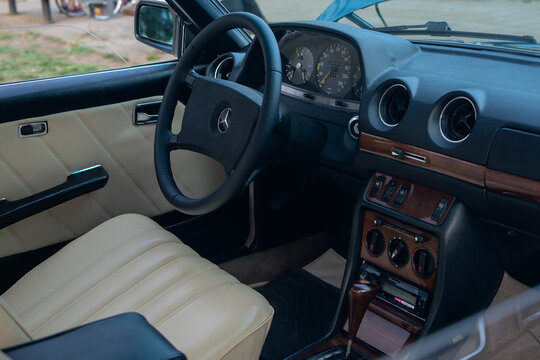 Interior of Mercedes-Benz C123 (w123 coupe) 230CE (benzin (petrol), injector 2.3l 1980-1985) - dashboard, steering wheel. Subotica, Serbia, 08.06.2024