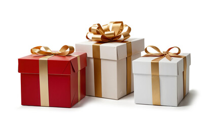 Christmas presents wrapped in red and white wrapping paper with gold bow, lined up, in row, shiny gold and deep dark red, festive gift boxes 