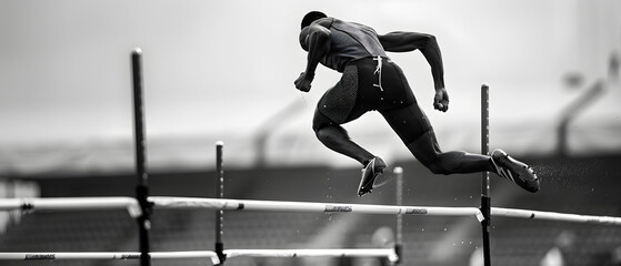 Athletic man competing in multiple track and field events at decathlon competition, showing great agility.