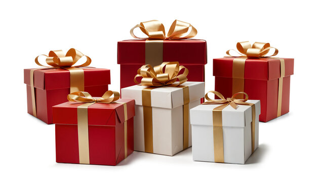 Christmas presents wrapped in red and white wrapping paper with gold bow, lined up, in row, shiny gold and deep dark red, festive gift boxes 