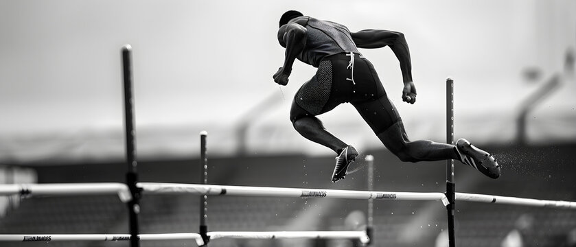 Athletic man competing in multiple track and field events at decathlon competition, showing great agility.