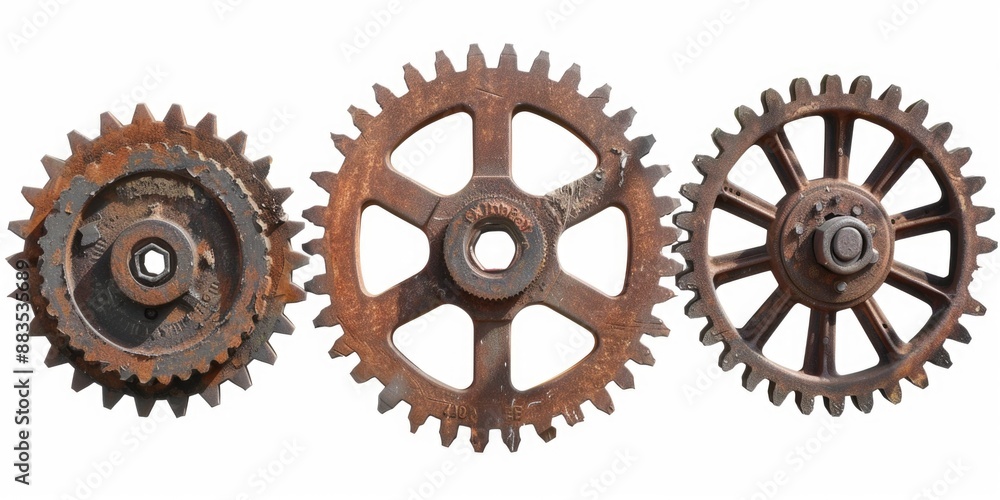Poster two mechanical gears positioned closely together on a surface