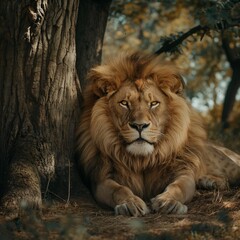 Determined lion resting by a tree, symbolizing focus and courage. Perfect for nature-inspired decor and motivational themes.