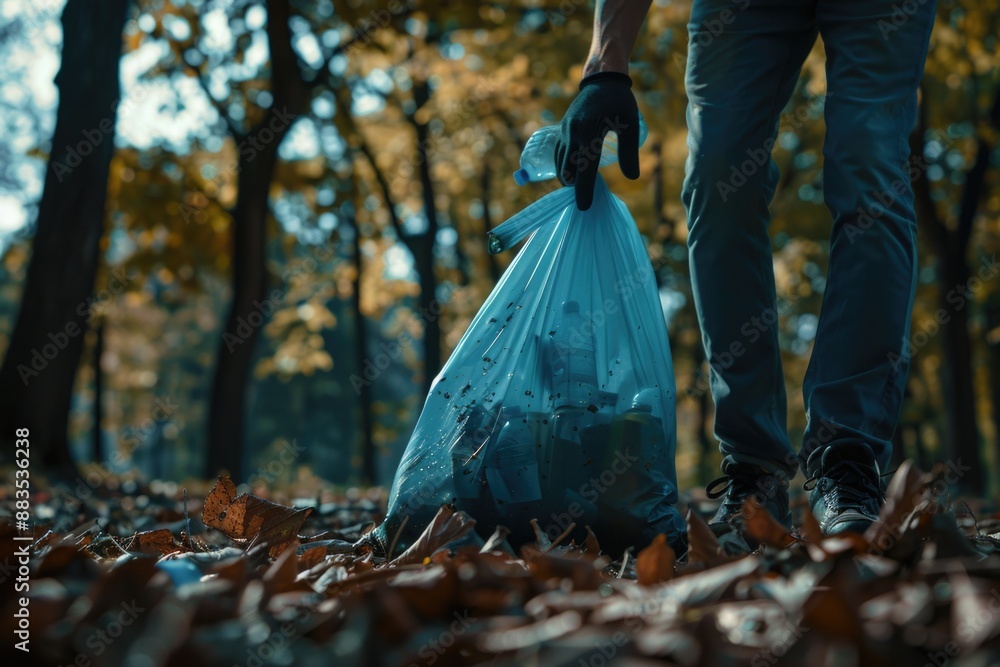 Poster A person collecting waste in a forest environment, suitable for environmental or conservation-themed projects
