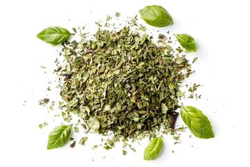 A collection of dried herbs and leaves arranged on a white surface