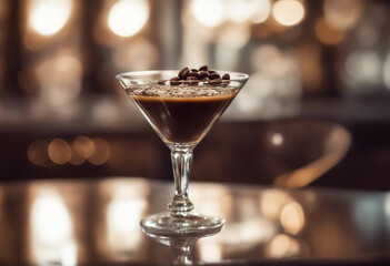 Espresso martini in a crystal martini glass with coffee beans garnish in a luxurious lounge bar