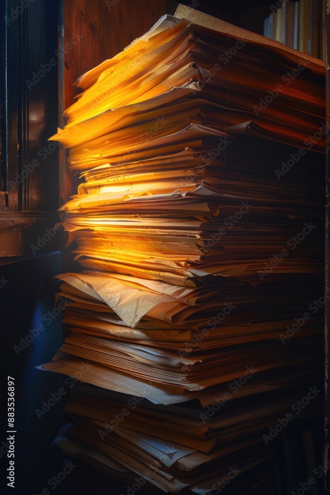 Poster a stack of papers sitting on top of a wooden shelf