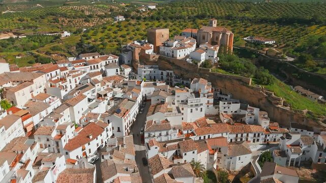 Aerial view of the Setenil de las Bodegas town in Andalusia, Spain
