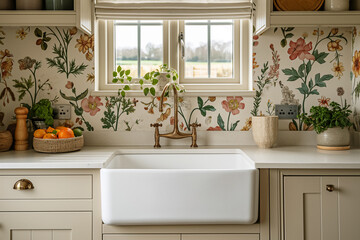 Cozy cottage core style kitchen with farmer's sink and window, floral wallpaper, copy space
