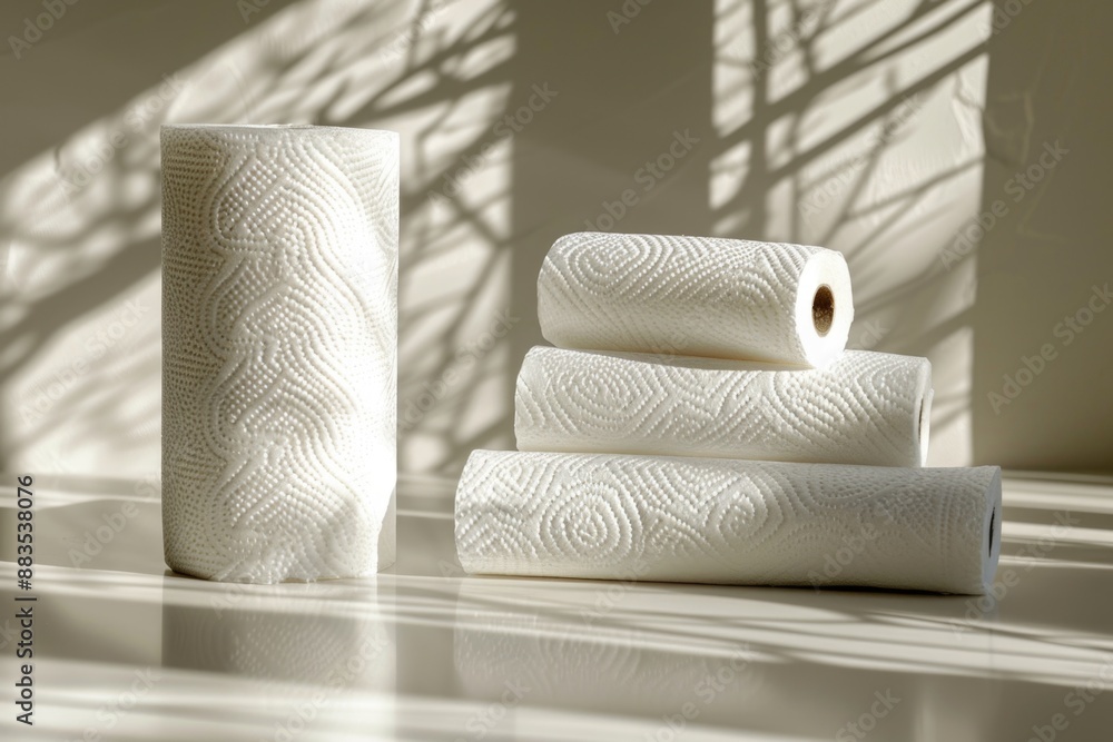 Poster a stack of toilet paper sitting on a table, perfect for close-up shots or adding context to interior